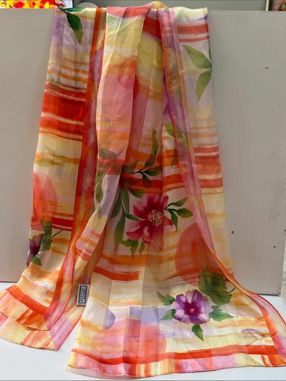 Vintage Jennifer Moore sheer floral silk scarf🧣Vibrant Orange Green Purple 60”